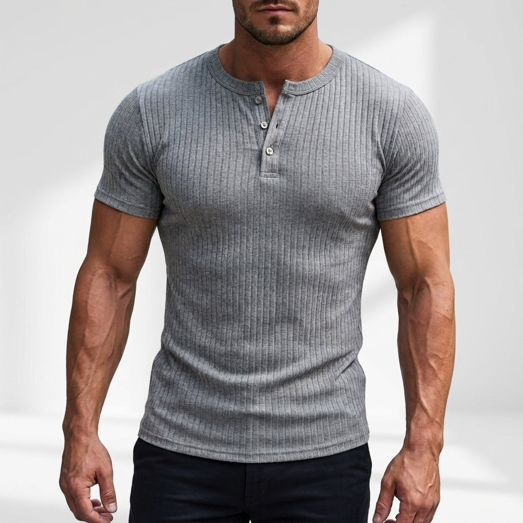 Serno | Męska koszulka Henley slim fit prążkowana krótki rękaw