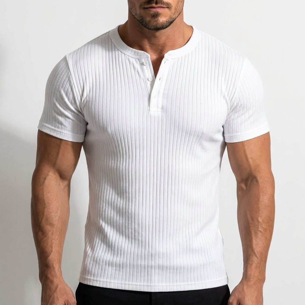 Serno | Męska koszulka Henley slim fit prążkowana krótki rękaw